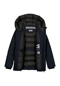 Giacca a vento navy con interno trapuntato, cappuccio e cordino. Presenta un'etichetta vegana e testo stampato sulla fodera interna.