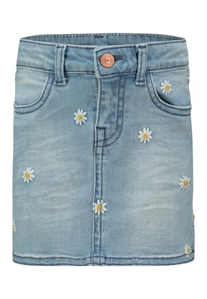 Jeansrock in Hellblau mit Gänseblümchen-Stickerei. Verfügt über eine Knopfverschluss, Gürtelschlaufen und Taschen. Leicht ausgefranster Saum.
