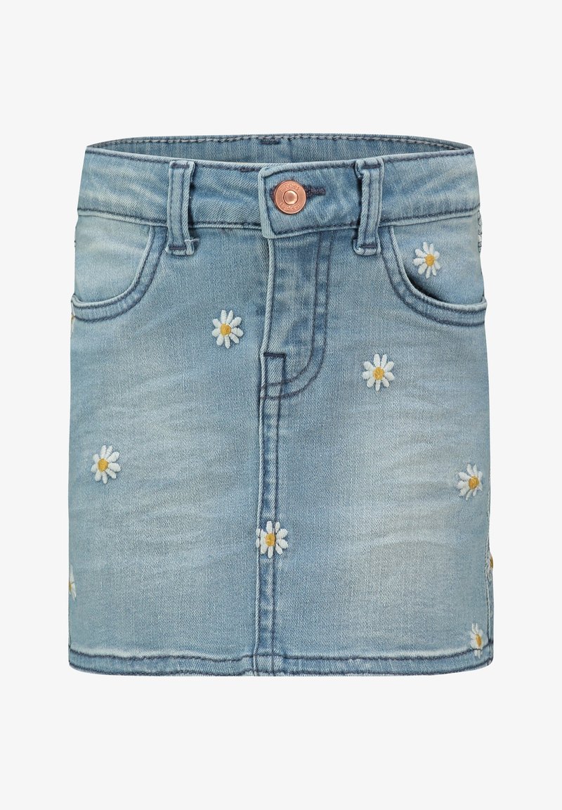 Jupe en denim bleu clair avec broderie de marguerites. Dotée d'une fermeture à boutons, de passants pour ceinture et de poches. Ourlet légèrement effiloché.