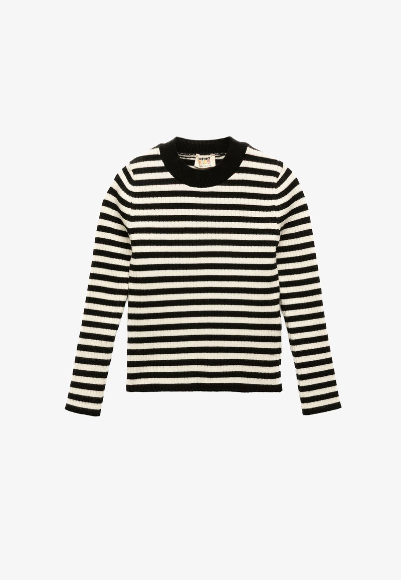 Randig stickad tröja i svart och vitt med långa ärmar, ribbad textur och rund hals. Horisontella ränder varierar i bredd.
