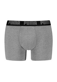 Szürke boxer alsónadrág, puha anyagból készült, fekete gumis derékpánttal, melyen szürke "PUMA" logó található, normál szabással és sima textúrával.