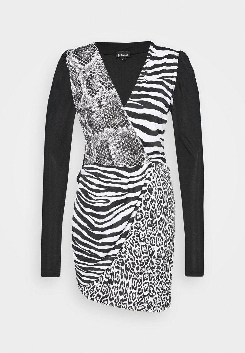Robe à manches longues avec un design cache-cœur, imprimé serpent noir, rayures zébrées et motifs léopard. Manches noires contrastantes et taille froncée.