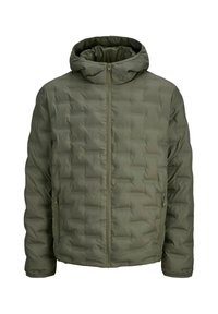 Olivově zelená prošívaná bunda s kapucí, předním zipem a zipovými bočními kapsami, určená pro chladné počasí.