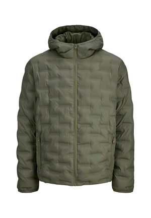 Alyvuogių žalios spalvos paminkštintas paltas su kapišonu, priekyje užtrauktuku užsegamas ir su užtrauktuku užsegamomis šoninėmis kišenėmis, skirtas šaltam orui.