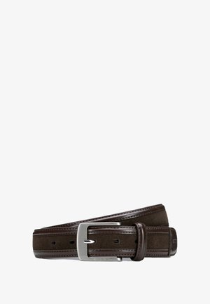 Brown leather belt with a silver metal buckle, featuring stitched edges and a smooth texture, showcasing a contrasting suede-like section.