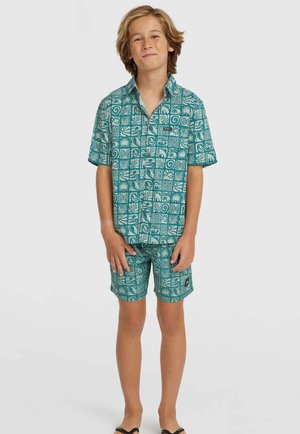 Lühikeste varrukatega türkiissinine pluus ja pükstekomplekt, millel valge mustriga lehtede ja geomeetriliste kujunditega disain. Valmistatud kergest kangast.