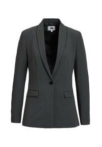 Šedé sako na míru s klopovým límcem s výřezem, zapínáním na jeden knoflík, dvěma předními kapsami a hladkou texturou látky. Podšívka je černá.