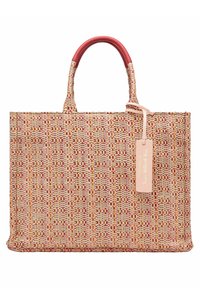 Geweven tote bag in roze en natuurlijke tinten, met een textuurpatroon en leren handvatten. Inclusief een label met merknaam en model.
