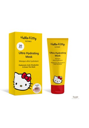 Hello Kitty Geske Ultra Hydrating Mask Box und Tube in Gelb mit rotem Verschluss, mit Hyaluronsäure, Sheabutter, grünem Tee und Hello Kitty Logo.