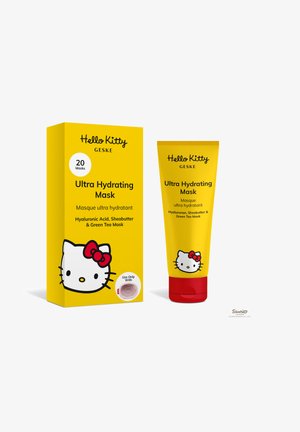 Boîte et tube Hello Kitty Geske Ultra Hydrating Mask en jaune avec bouchon rouge, contenant de l'acide hyaluronique, du beurre de karité, du thé vert et le logo Hello Kitty.