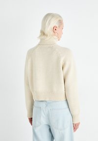 Cream-colored knitted sweater with a high neck, ribbed cuffs, and hem. Features a cropped design and raglan sleeves, showcasing a textured finish.