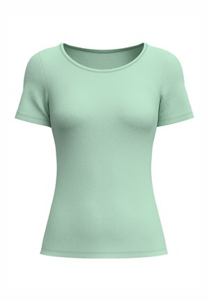 Mintgroene T-shirt met korte mouwen en een ronde halslijn, gemaakt van een gladde, rekbare stof. Heeft eenvoudige, strakke lijnen en geen versieringen.