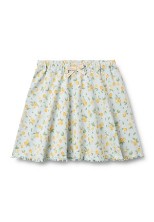 Hellblauer Rock mit gelbem Zitronen- und grünen Blättermuster, elastischem Bund und einer kleinen beigen Schleife in der vorderen Mitte.