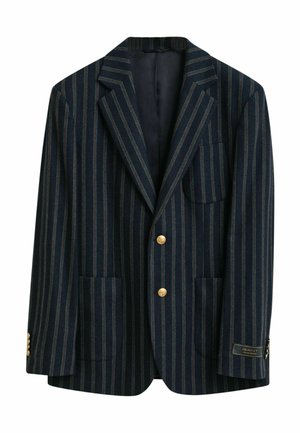 Blazer a righe navy con strisce verdi e rosse, due tasche frontali, bottoni dorati e un'etichetta con il logo sulla manica. Tessuto liscio e vestibilità su misura.