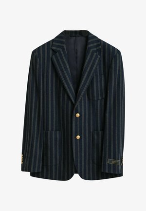 Marine gestreepte blazer met groene en rode strepen, twee voorzakken, gouden knopen en een logo-label op de mouw. Glad textuur en getailleerde pasvorm.