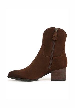 Bottines en daim marron avec un bout pointu, une fermeture éclair latérale et un talon épais et texturé. Finition lisse et design élégant.