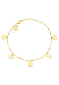 Goldene Kettenarmband mit fünf gleichmäßig verteilten runden Anhängern, einem Karabinerverschluss und einem kleinen Logotag.