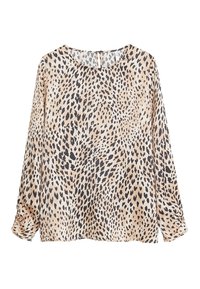 Blouse à imprimé léopard avec manches longues, encolure arrondie, tissu léger, fond beige et taches noires. Manches froncées.