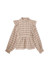 Blouse beige à carreaux avec épaules froncées, devant à bouton et manches longues. Elle présente une taille froncée et un tissu doux et texturé.