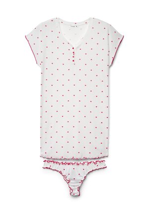 Camicia da notte bianca a maniche corte e perizoma abbinato con piccolo motivo a cuori rossi, bordo rosso e bordi arricciati.