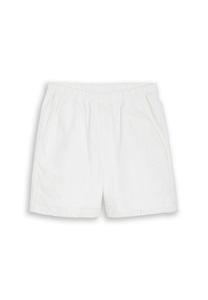 Short en coton blanc avec ceinture élastique et poches latérales, présentant un subtil motif à rayures verticales œillets.