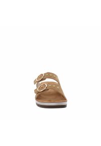 Sandal in suede marrone a slip-on con due fasce regolabili a fibbia, caratterizzato da accenti metallici dorati e una soletta imbottita per il massimo comfort.