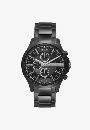 Sort rustfrit stål armbåndsur med en struktureret sort urskive, tre sub-urskiver og lysende sølvfarvede time- og minutvisere. Chronograf-funktion.