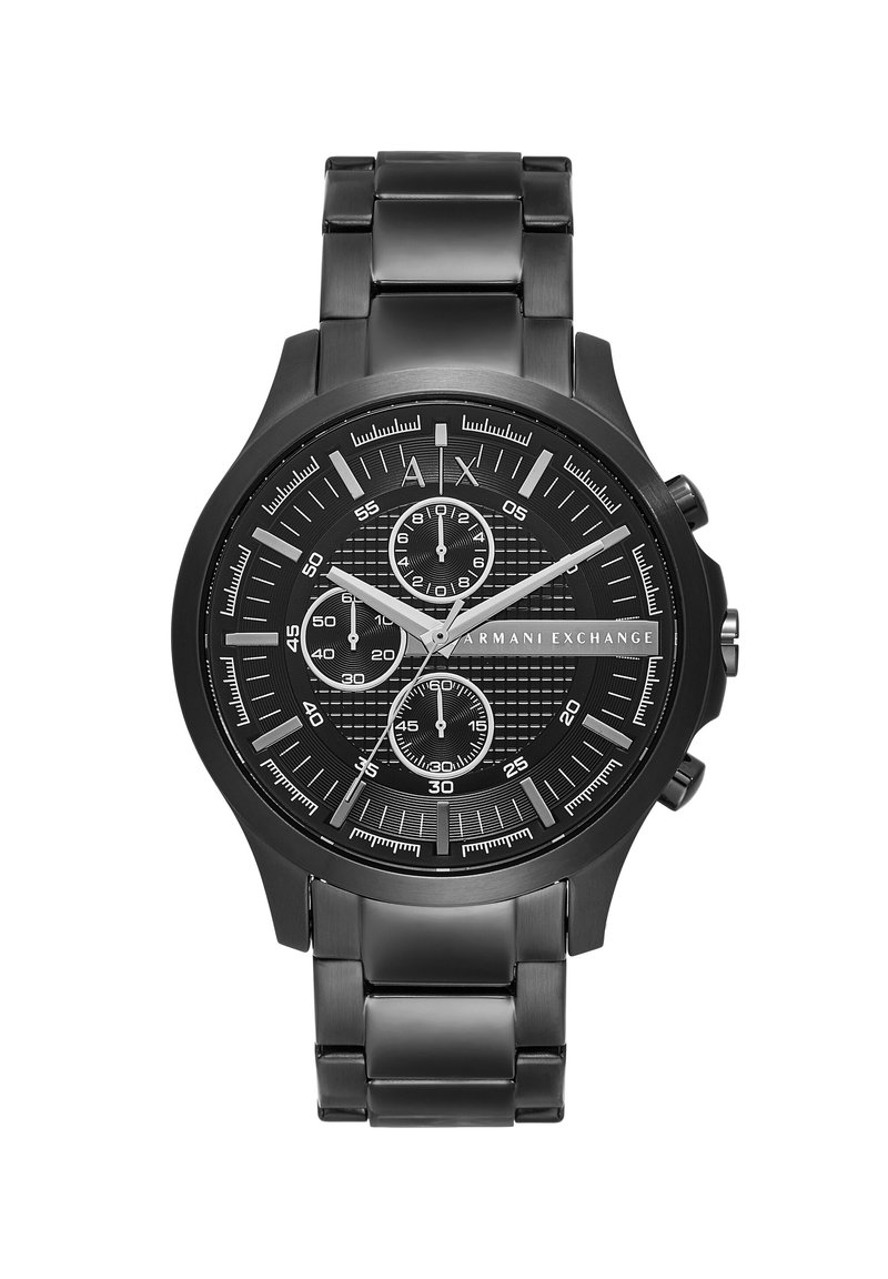 Črn ročni časomer iz nerjavnega jekla z teksturiranim črnim številčnico, tremi podštevilkami ter svetlečimi srebrnimi uravnimi markerji in kazalci. Chronograph funkcija.