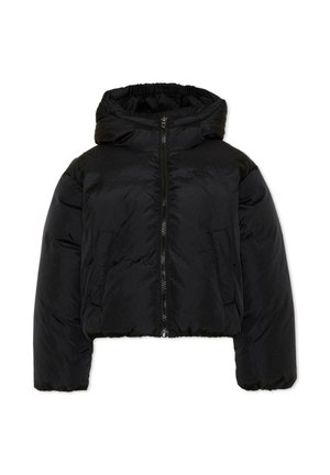 Giacca imbottita nera con cappuccio, cerniera frontale, tasche laterali e orlo e polsini elasticizzati, mostrata su sfondo bianco.
