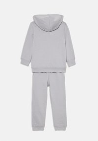 Grijze katoenen hoodie en broek set. De sweater heeft een capuchon en lange mouwen; de broek heeft elastische boorden. Glad textuur, casual pasvorm.