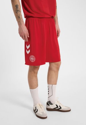 Uomo che indossa pantaloncini sportivi rossi con chevron bianchi e logo, calzini bianchi e scarpe da ginnastica bianche con chevron neri, in piedi su sfondo bianco.