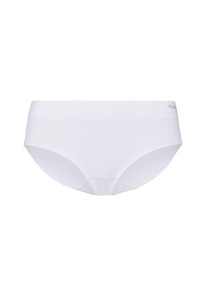 Weiße nahtlose Unterhose aus elastischem Material. Verfügt über einen glatten Bund und ein figurnahes Design mit einem mittelhohen Schnitt, der vollständige Abdeckung bietet.