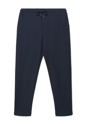 Pantaloni jogger casual blu scuro con vita elastica e coulisse nera, mostrati distesi su sfondo bianco.