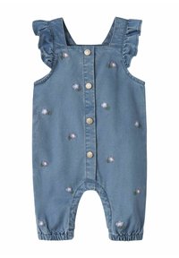 Denim romper med volangstropper, broderte lilla blomster, fem sølvfargede trykknapper og elastiske benåpninger for en komfortabel passform.