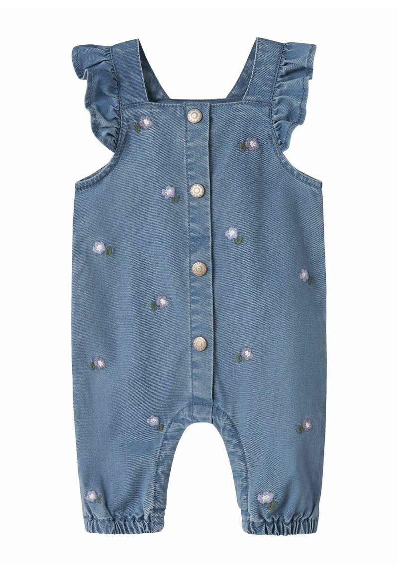 Denim romper med volangstropper, broderte lilla blomster, fem sølvfargede trykknapper og elastiske benåpninger for en komfortabel passform.