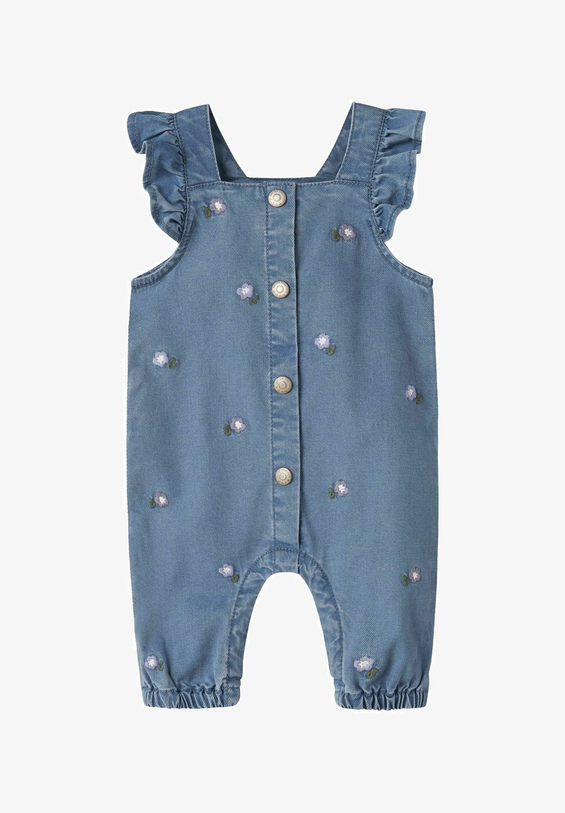 Denim romper med volangstropper, broderte lilla blomster, fem sølvfargede trykknapper og elastiske benåpninger for en komfortabel passform.