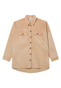 Camicia beige in suede a maniche lunghe con colletto, chiusura frontale a bottoni e due tasche sul petto con alette poggiabottoni.