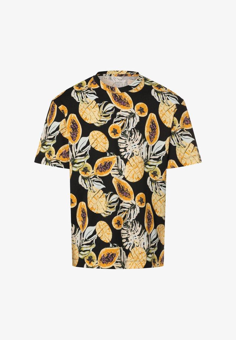 Maglietta nera a maniche corte con stampa vivace di frutti gialli e arancioni, che presenta papaie e ananas con foglie verdi. Tessuto in cotone morbido.