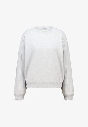 Sweat-shirt gris à manches longues, encolure arrondie, tissu texturé, poignets et ourlet élastiques avec détails en forme de vagues.