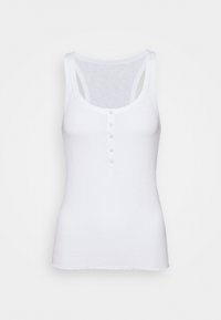 Vitt linne med rundad urringning, tunna axelremmar och en knappslå med fem knappar. Tillverkat av mjukt, slätt tyg med en lätt elastisk känsla.