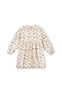 Langarmkleid in zartem Pfirsich mit floralem Muster, Rüschensaum am Kragen und Taillengürtel, ausgestattet mit einem ausgestellten Rock und Knopfverschluss im Rücken.