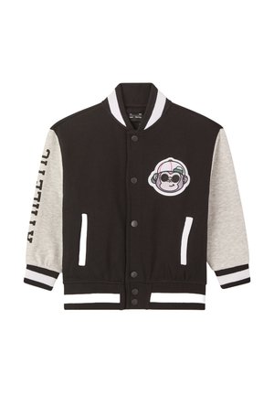 Giacca varsity per bambini nera e grigio chiaro con bottoni a pressione, polsini a righe, testo "ATHLETIC" sulla manica e patch con scimmia in stile cartone sul petto.