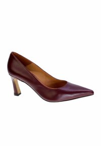 Pump da donna in pelle borgogna con punta appuntita, tacco slim di altezza media e rivestimento interno color nocciola su sfondo bianco.