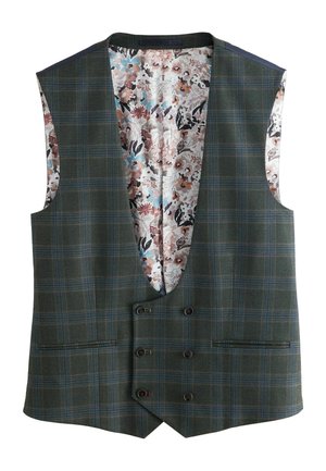 Grønternet vest med en dyb V-udskæring, der har fire knapper, og for med blomstermønster i nuancer af pink, blå og sort.