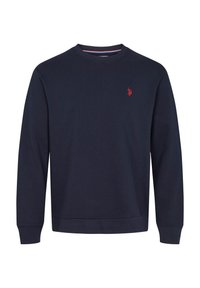 Navyblauwe sweatshirt van katoenmix met lange mouwen, ronde hals, geribbelde manchetten en een klein rood logo op de borst.