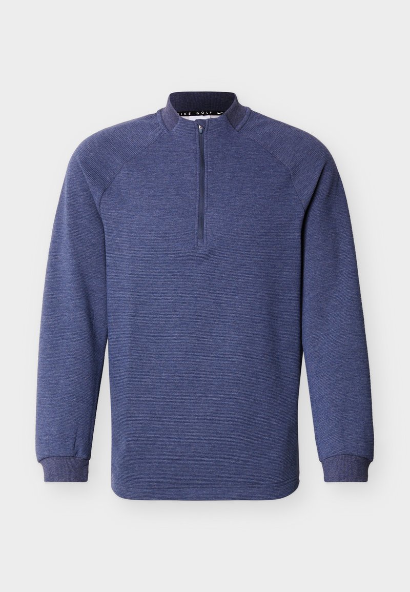 Pull-over de golf pour homme à manches longues, bleu marine, avec fermeture éclair quart de longueur, poignets côtelés et texture horizontale subtile.