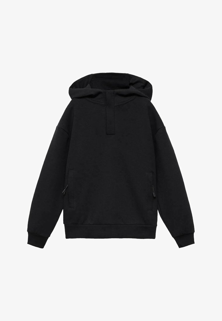 Felpa nera con cappuccio realizzata in tessuto morbido. Caratterizzata da una chiusura frontale a mezzo zip, tasche a marsupio e polsini e orlo ribattuti per una vestibilità comoda.