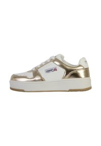 White sneaker with metallic gold accents, lace-up design, and rubber sole. Features a logo on the side and textured details on the upper.