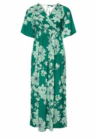 Maxime dress in vihreä kangas, jossa on suuria vaaleanvihreitä kukkakuosisia, lyhyet hihat, kietaisumalli ja kiristetty vyötärö, jossa on solmittava suljenta takana.