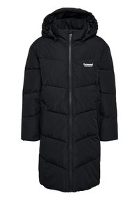 Sort pufferjakke med hætte, der har lynlåslukning, vandret syning og mærke på venstre bryst.